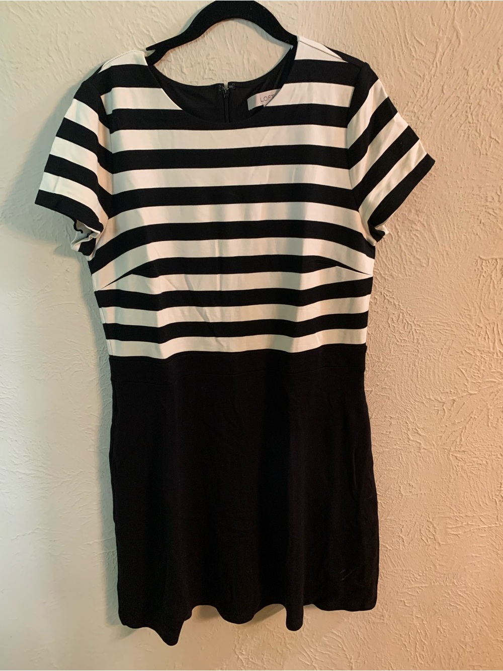 LOFT Black and Cream Striped Top with Solid Black Skirt Dress